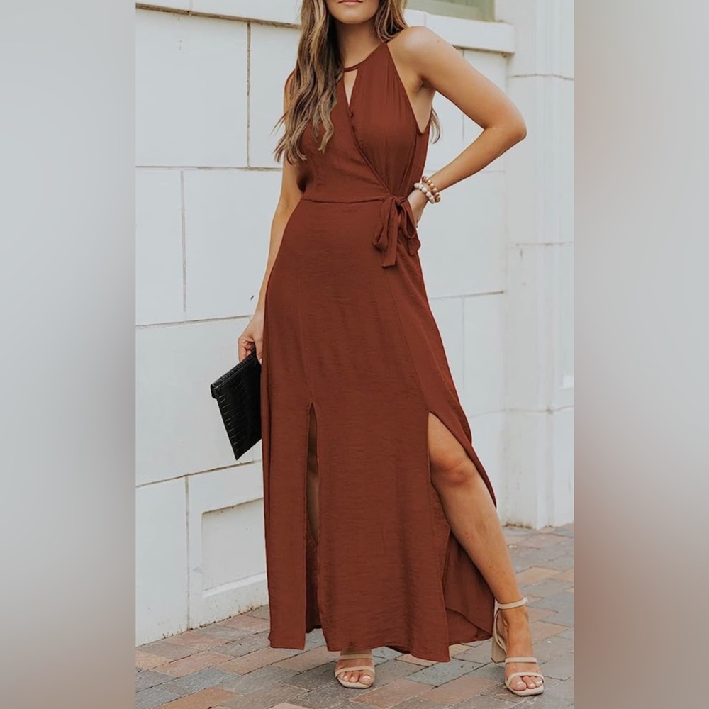Sleeveless, High Neck, Side Slit, Summer, Casual Midi Dress